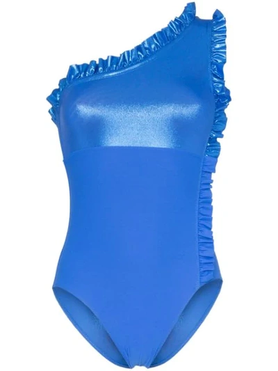 Shop Leslie Amon One-shouldered Ruffle Detail Swimsuit In Blue