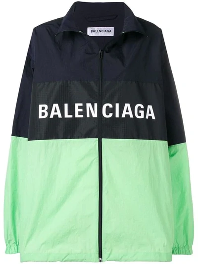 Shop Balenciaga Zip Up Logo Jacket In Blue