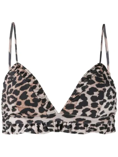 Shop Ganni Leopard Print Bikini Top In Neutrals
