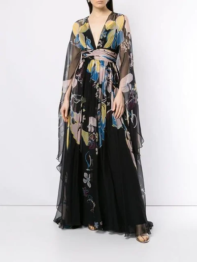 Shop Zuhair Murad Floral Print Cape Gown In Black