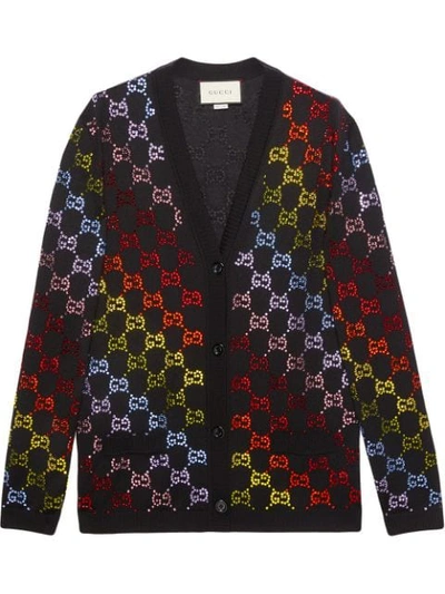 Gucci Rainbow Logo Intarsia Wool Knit Cardigan In Black Multi | ModeSens