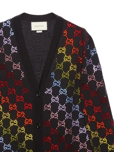 Shop Gucci Wool Cardigan With Gg Rhinestone Motif In 1082 Black