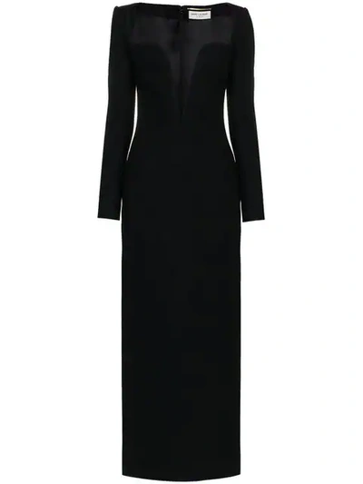 Shop Saint Laurent Plunging Sweetheart Neck Wool Column Dress In Black