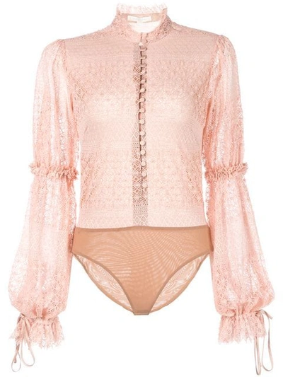 Shop Jonathan Simkhai Embroidered Button-down Bodysuit In Pink