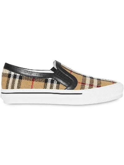 Shop Burberry Vintage Check And Leather Slip-on Sneakers