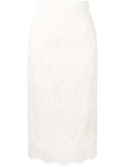 Shop Alexander Mcqueen Lace Pencil Skirt In 9005 Ivory