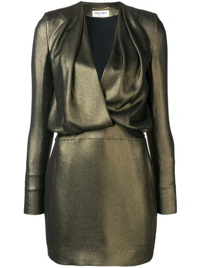Saint Laurent Plunge Neck Mini Dress In Gold