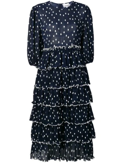 Ganni Lowell Ruffled Polka-dot Chiffon Dress In Blue | ModeSens