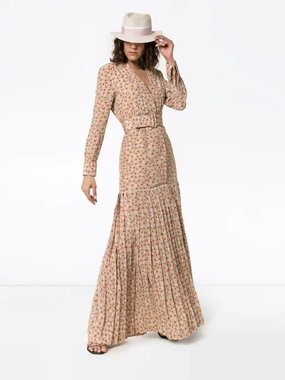 Shop Rebecca De Ravenel Daisy Print Silk Maxi Dress In Brown