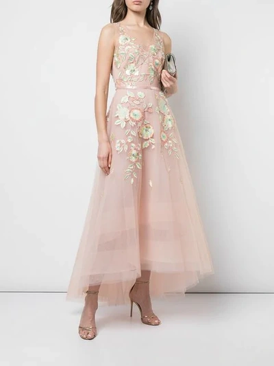 Shop Marchesa Notte Tulle Corseted Ballgown With 3d Acrylic Flowers In Neutrals