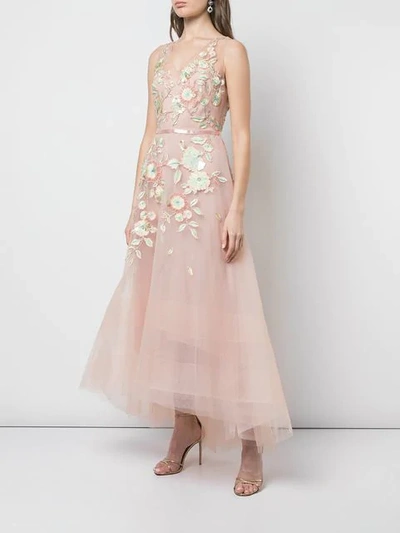 Shop Marchesa Notte Tulle Corseted Ballgown With 3d Acrylic Flowers In Neutrals