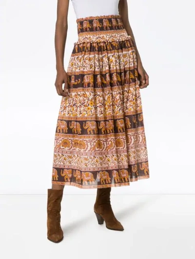 Shop Zimmermann Suraya Smocked Elephant Print Skirt In Brown
