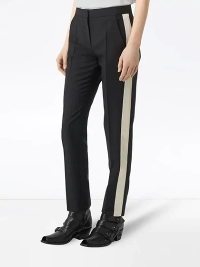 Shop Burberry Straight Fit Silk Stripe Wool Tailored Trousers In Black