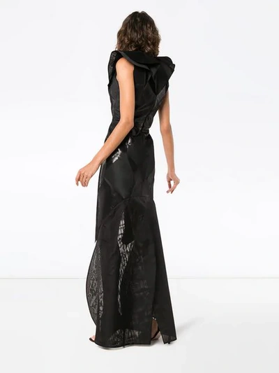 Shop Ronald Van Der Kemp Sleeveless V-neck Ruffle Cutout Gown In Black