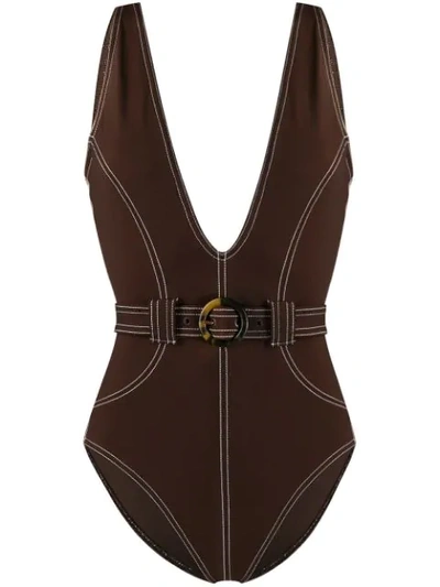 Shop Zimmermann Belted Swimsuit In Brown