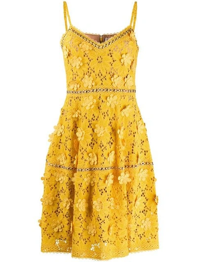 Shop Michael Michael Kors Floral Appliqué Lace Dress In Yellow