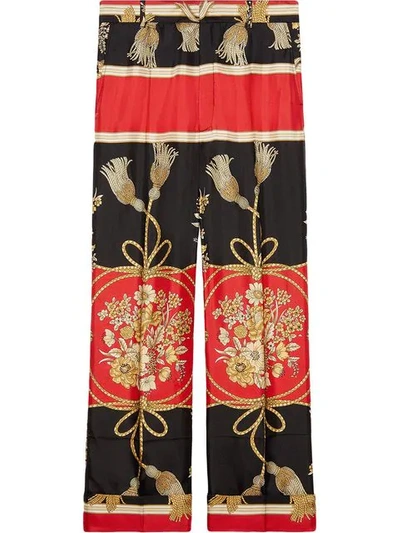 Shop Gucci Silk Pant With Flowers And Tassels In Black