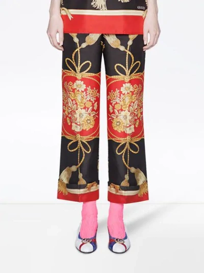 Shop Gucci Silk Pant With Flowers And Tassels In Black
