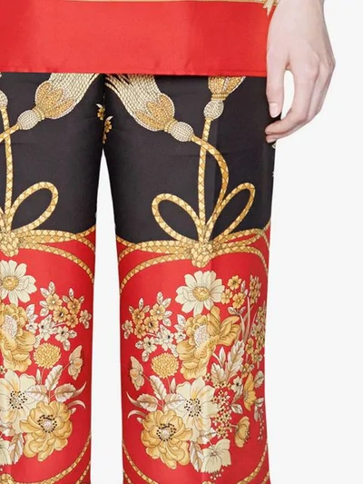 Shop Gucci Silk Pant With Flowers And Tassels In Black