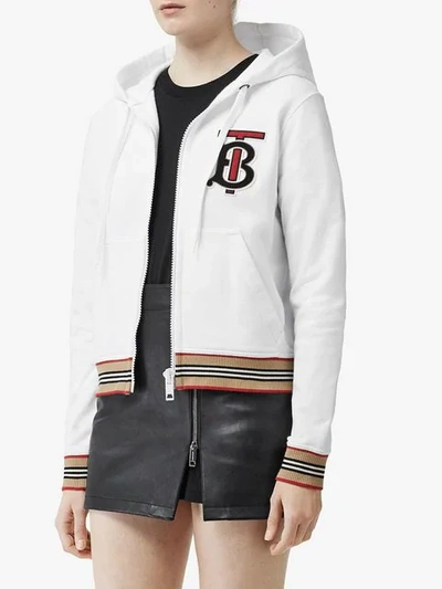 BURBERRY ICON STRIPE DETAIL MONOGRAM MOTIF HOODED TOP - 白色