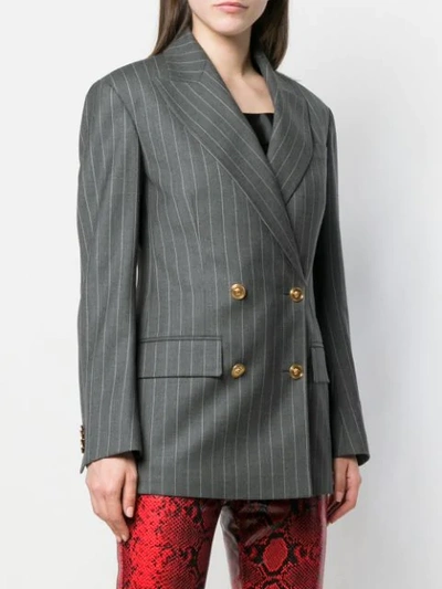 Shop Versace Double Breasted Pinstripe Blazer In Grey