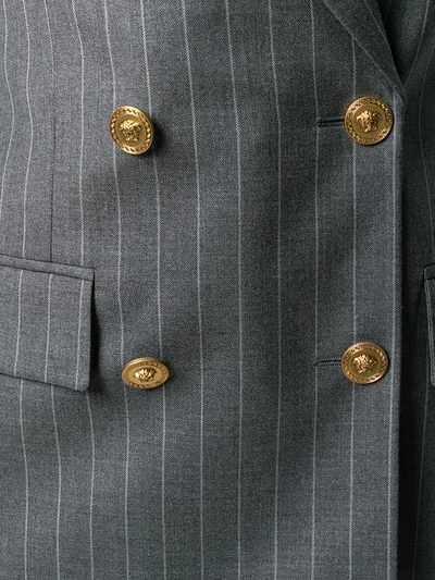 Shop Versace Double Breasted Pinstripe Blazer In Grey