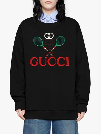 Gucci White Tennis Logo Sweatshirt In Black