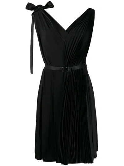 Shop Prada Belted Pleated Dress In F0806 Nero + Nero