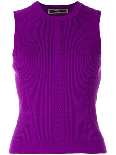 Shop Versace Ribbed Sleeveless Jumper - Purple