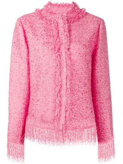 Shop Msgm Tweed Fringe Jacket In Pink