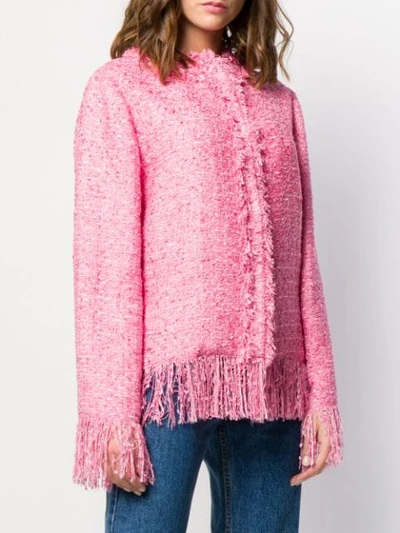 Shop Msgm Tweed Fringe Jacket In Pink