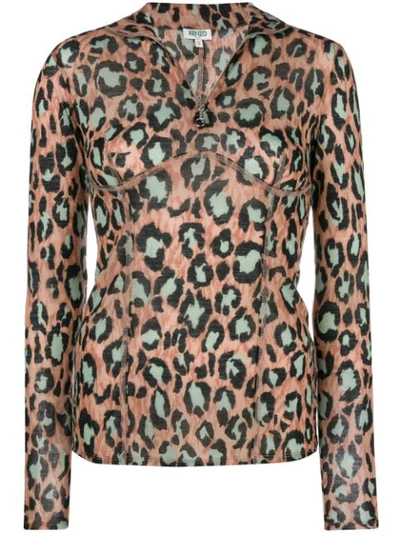 Shop Kenzo Half Zip Leopard Top In Neutrals