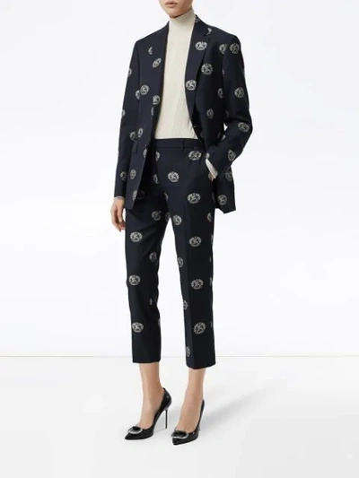 Shop Burberry Crest Detail Wool Cropped Tailored Trousers In Midnight Blue Ip Ptn