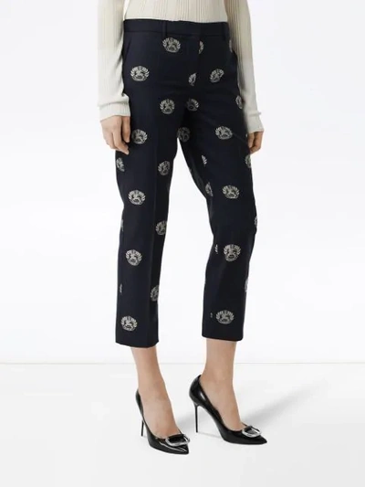 Shop Burberry Crest Detail Wool Cropped Tailored Trousers In Midnight Blue Ip Ptn