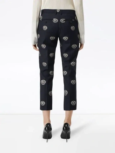 Shop Burberry Crest Detail Wool Cropped Tailored Trousers In Midnight Blue Ip Ptn
