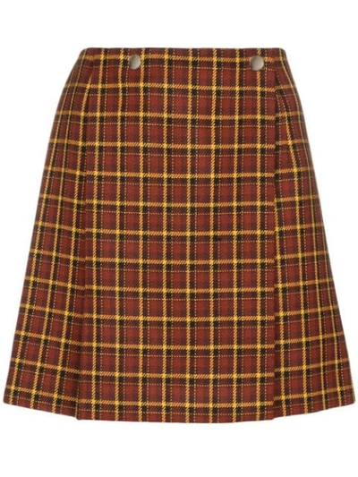 Shop Plan C Check Pleated Wool Skirt In Brown