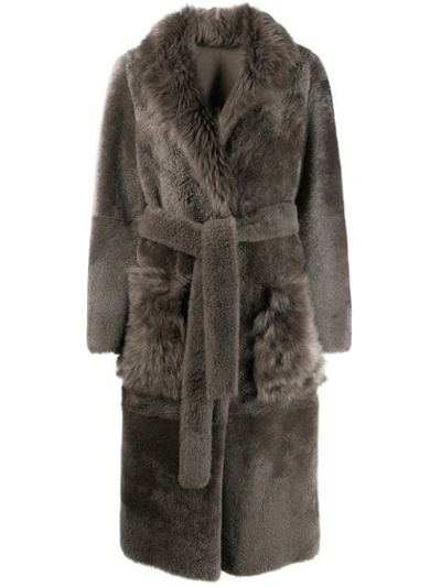 Shop Yves Salomon Belted Shearling Coat In Grey