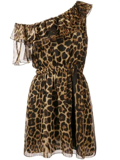 Shop Saint Laurent One-shoulder Leopard Print Dress In Brown