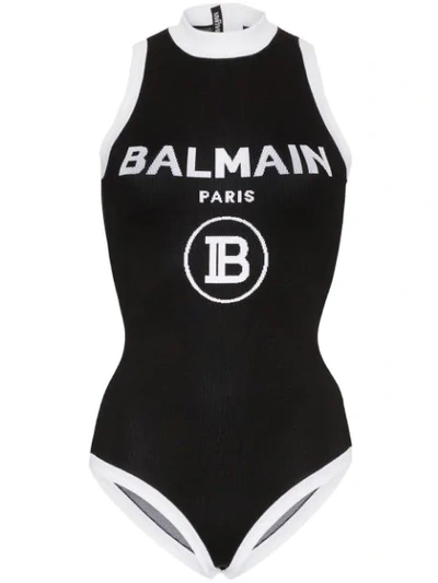 Shop Balmain Contrast Logo Knit Bodysuit In Black