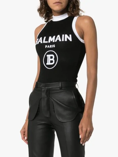 Shop Balmain Contrast Logo Knit Bodysuit In Black