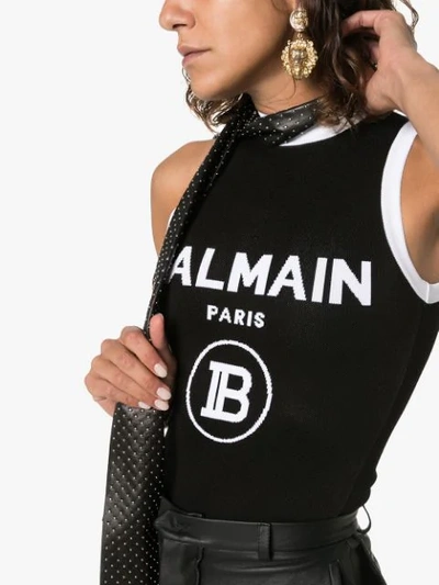 Shop Balmain Contrast Logo Knit Bodysuit In Black