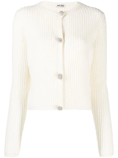 Shop Miu Miu Cashmere Crystal Button Cardigan - White