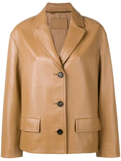 Shop Prada Leather Single Breasted Jacket In Brown