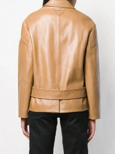 Shop Prada Leather Single Breasted Jacket In Brown