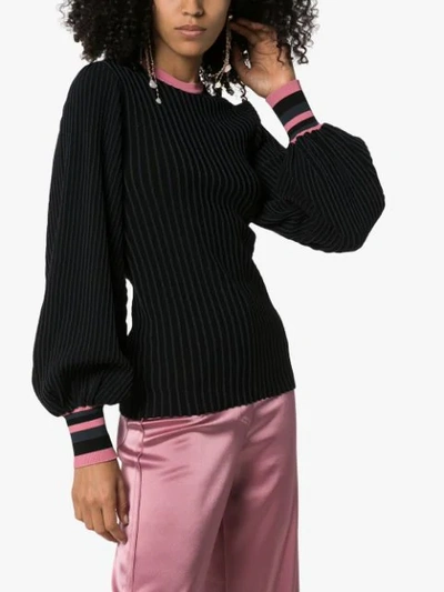 Shop Roksanda Alia Rib-knit Balloon-sleeve Top In Navy/ Pink