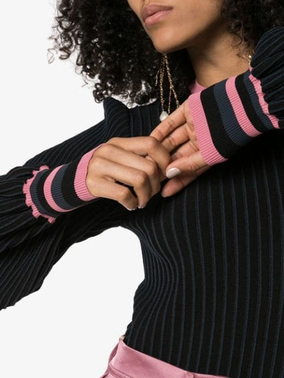 Shop Roksanda Alia Rib-knit Balloon-sleeve Top In Navy/ Pink