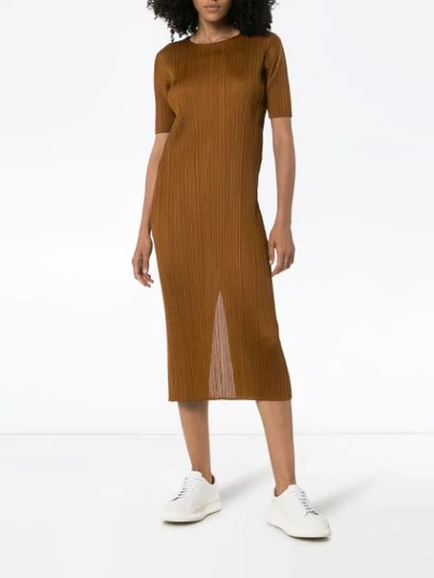 Shop Issey Miyake Pleated Midi Dress In Brown