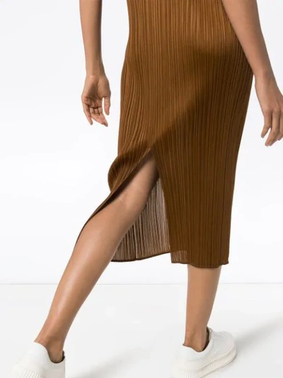 Shop Issey Miyake Pleated Midi Dress In Brown