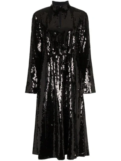 Shop Tibi Split Neck Sequin Embellished Dress In Black