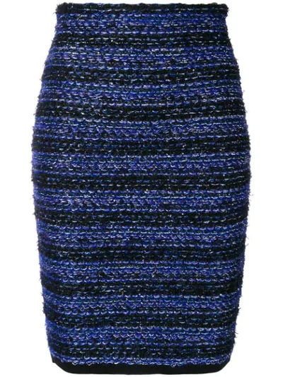 Shop Balmain Striped Tweed Pencil Skirt In Blue